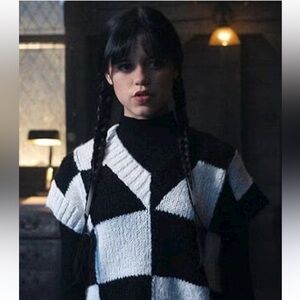 Zara Checkered Sweater Vest aso Wednesday Jenna Ortega
